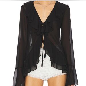 Black Sheer Ruffle Tie-Front Blouse